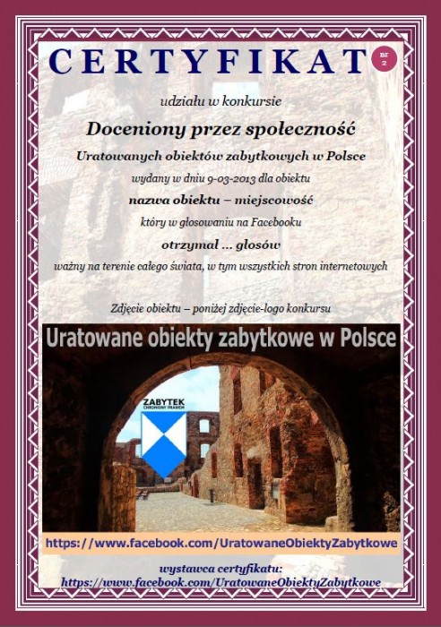 Certyfikat udziału w konkursie  Doceniony przez społeczność  Uratowanych obiektów zabytkowych w Polsce 