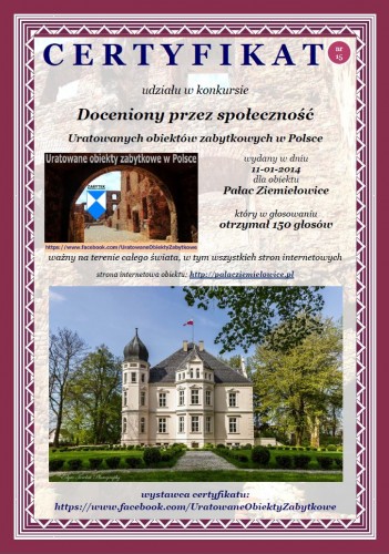 Piętnasty certyfikat - Pałac Ziemiełowice - http://www.palacziemielowice.pl/