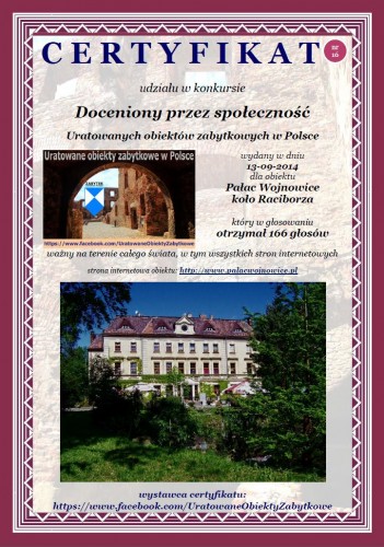 Szesnasty certyfikat dla Pałacu w Wojnowicach koło Raciborza - http://www.palacwojnowice.pl/
