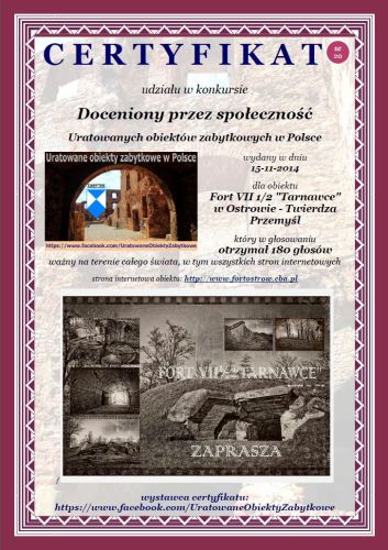 Dwudziesty certyfikat uznania - Fort VII 1/2 "Tarnawce" w Ostrowie - Twierdza Przemyśl - http://www.fortostrow.cba.pl.