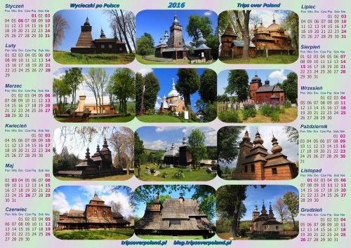 Kalendarz ze zdjęciami kilkunastu zabytków sakralnych architektury drewnianej w Polsce